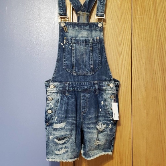 NWT Garage Distressed Jean Short Overalls Sz 1 - Picture 1 of 6